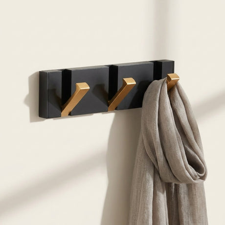Foldable Hook Rack — Black/Gold, front view with linen scarf