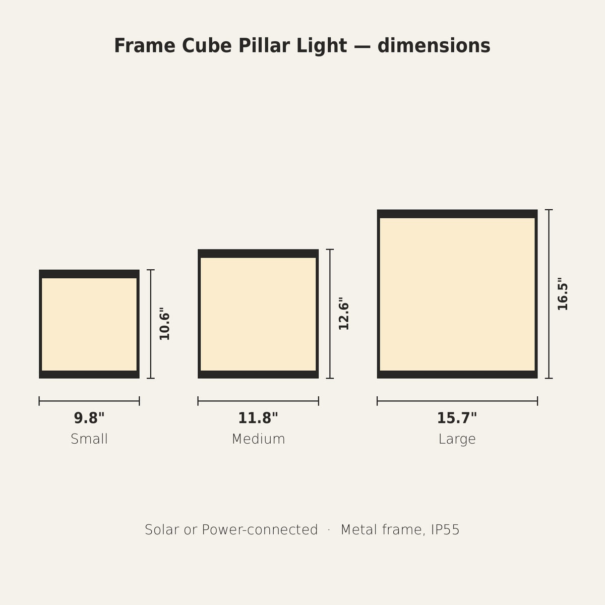 Frame Cube Pillar Light, dimensions of the three sizes
