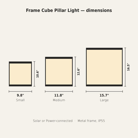 Frame Cube Pillar Light, dimensions of the three sizes