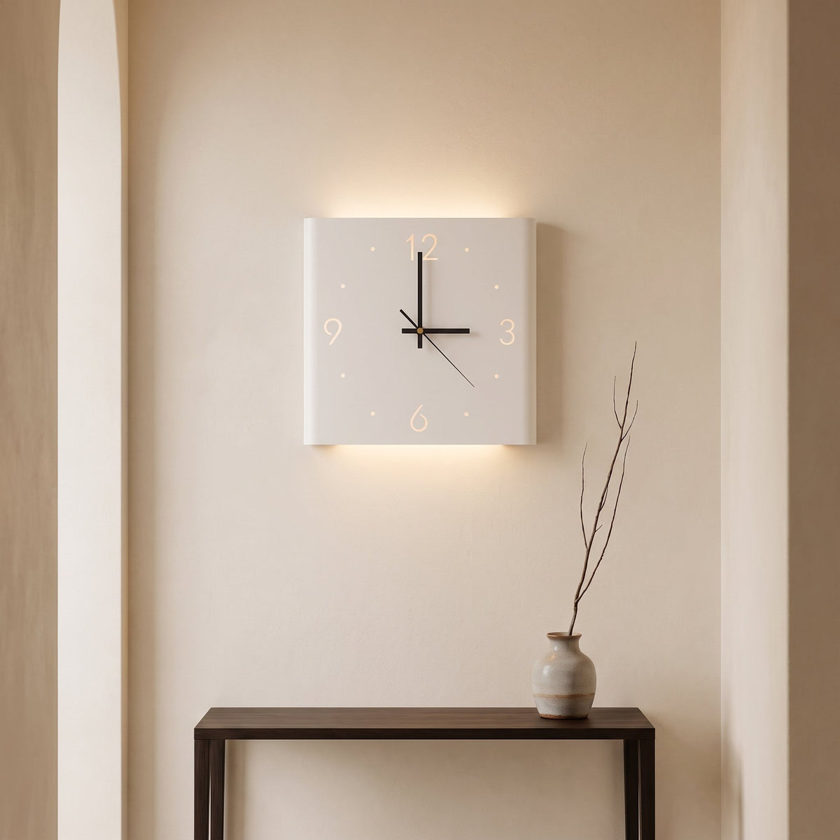 Glow Wall Clock Lamp — in a hallway