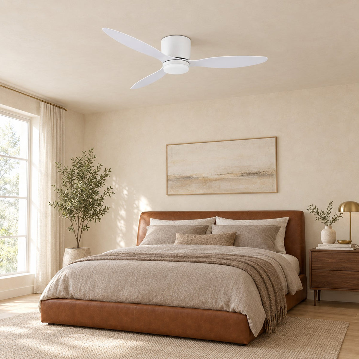 Halden Ceiling Fan — White / White in a bright bedroom