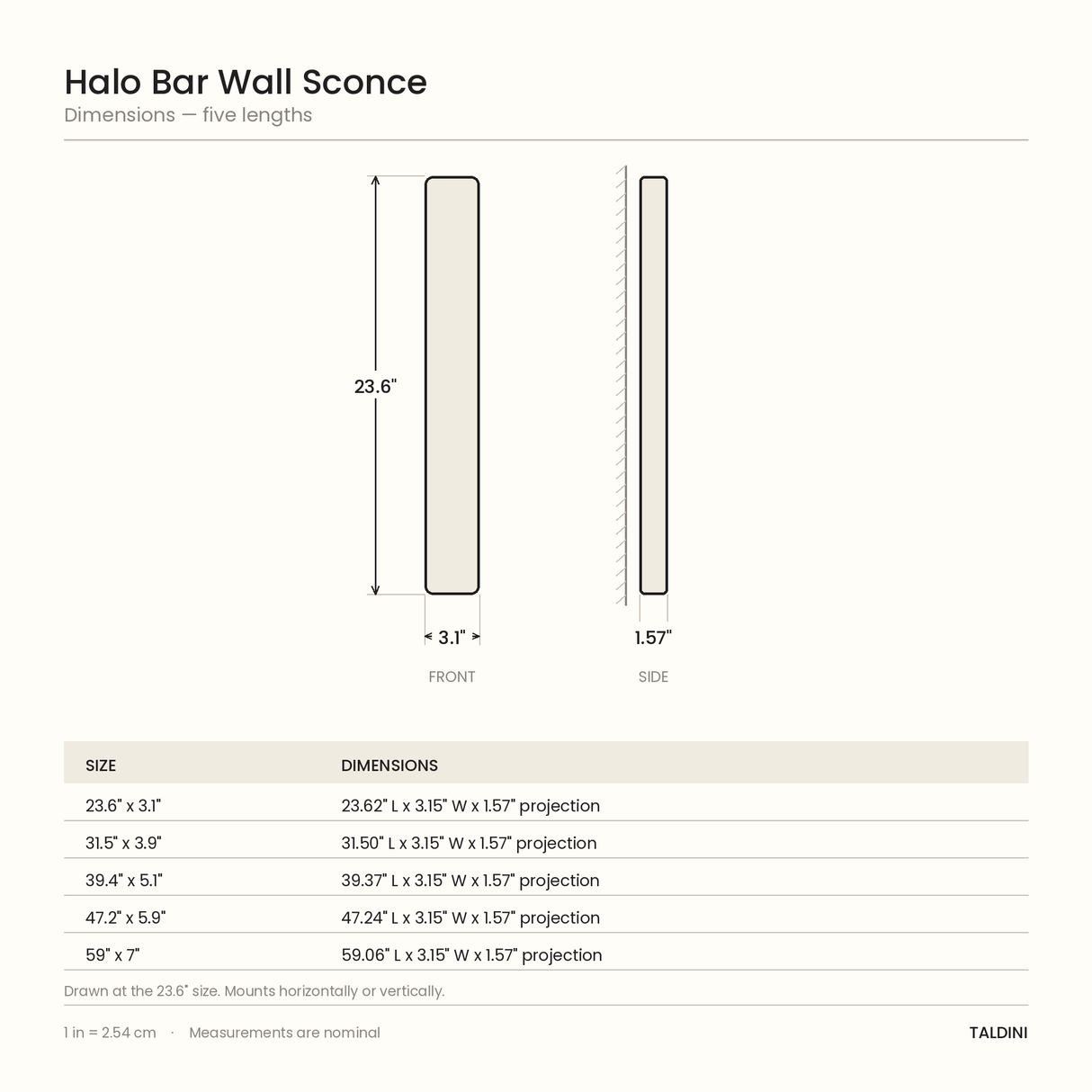 Halo Bar Wall Sconce - dimensions diagram, five lengths
