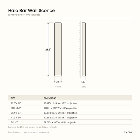 Halo Bar Wall Sconce - dimensions diagram, five lengths