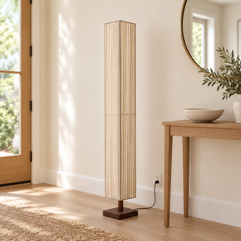 Hearth Walnut Wood Floor Lamp — entryway in daylight, lamp off