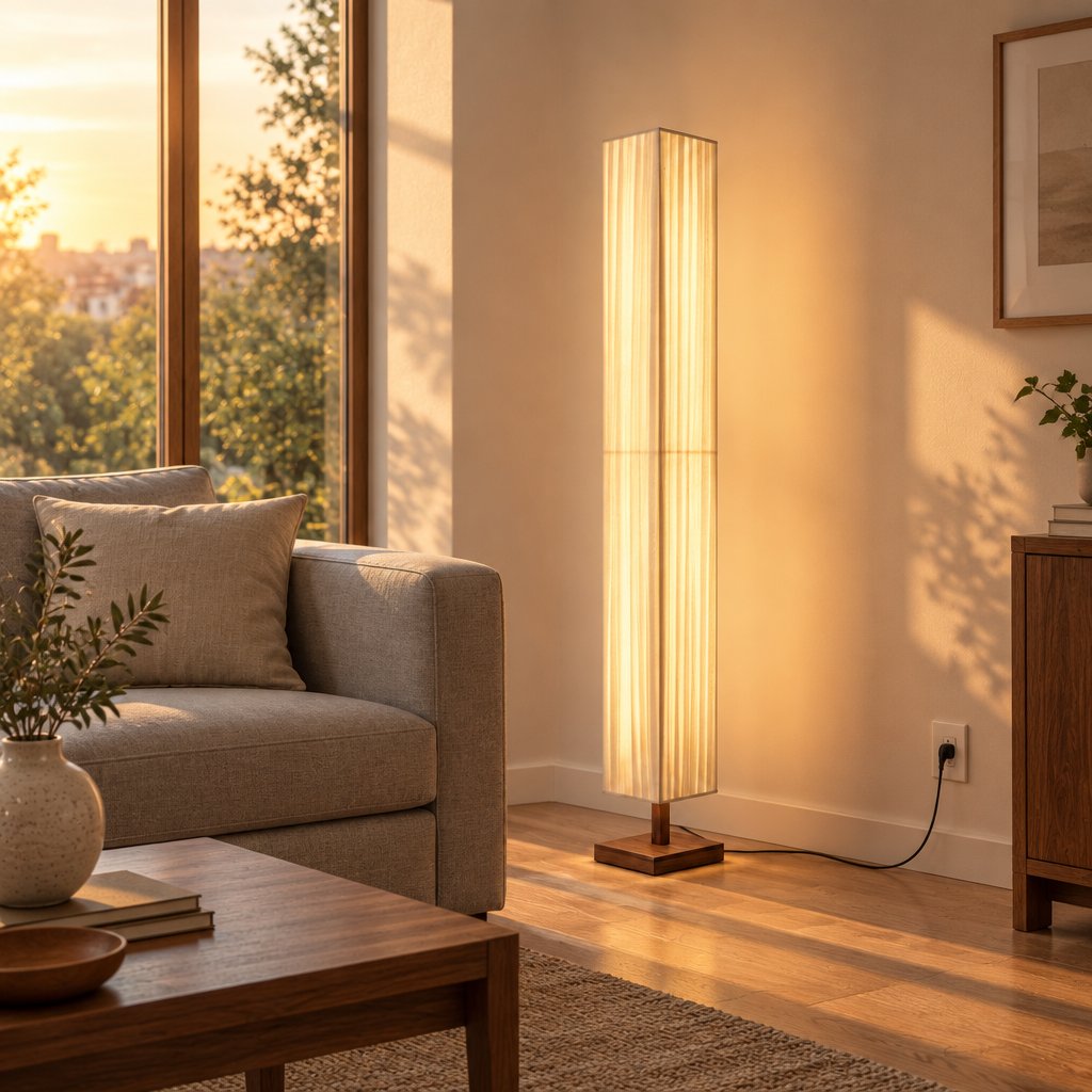 Hearth Walnut Wood Floor Lamp — living room at golden hour, lamp on