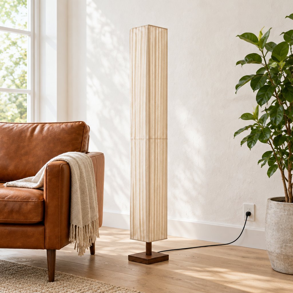 Hearth Walnut Wood Floor Lamp — reading corner in daylight, lamp off