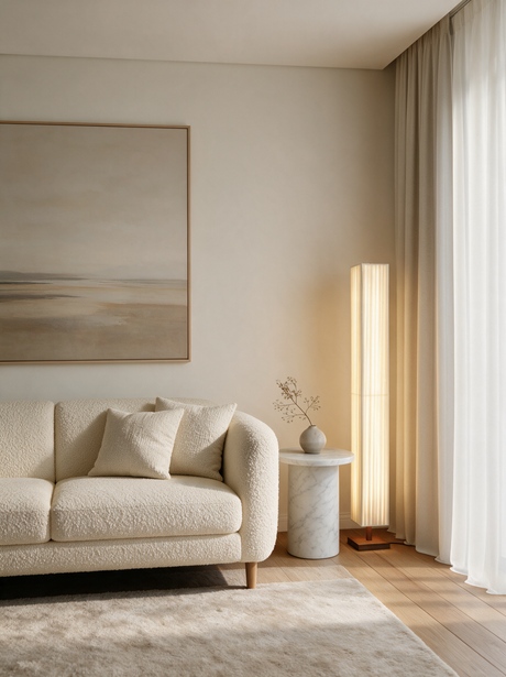 Hearth Walnut Wood Floor Lamp — sofa lifestyle