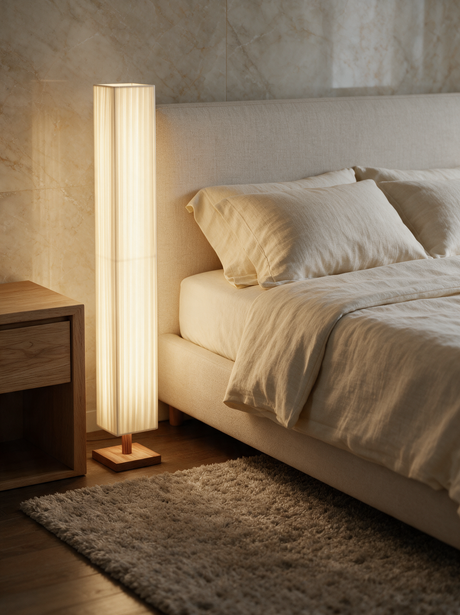 Hearth Walnut Wood Floor Lamp — bedroom lifestyle