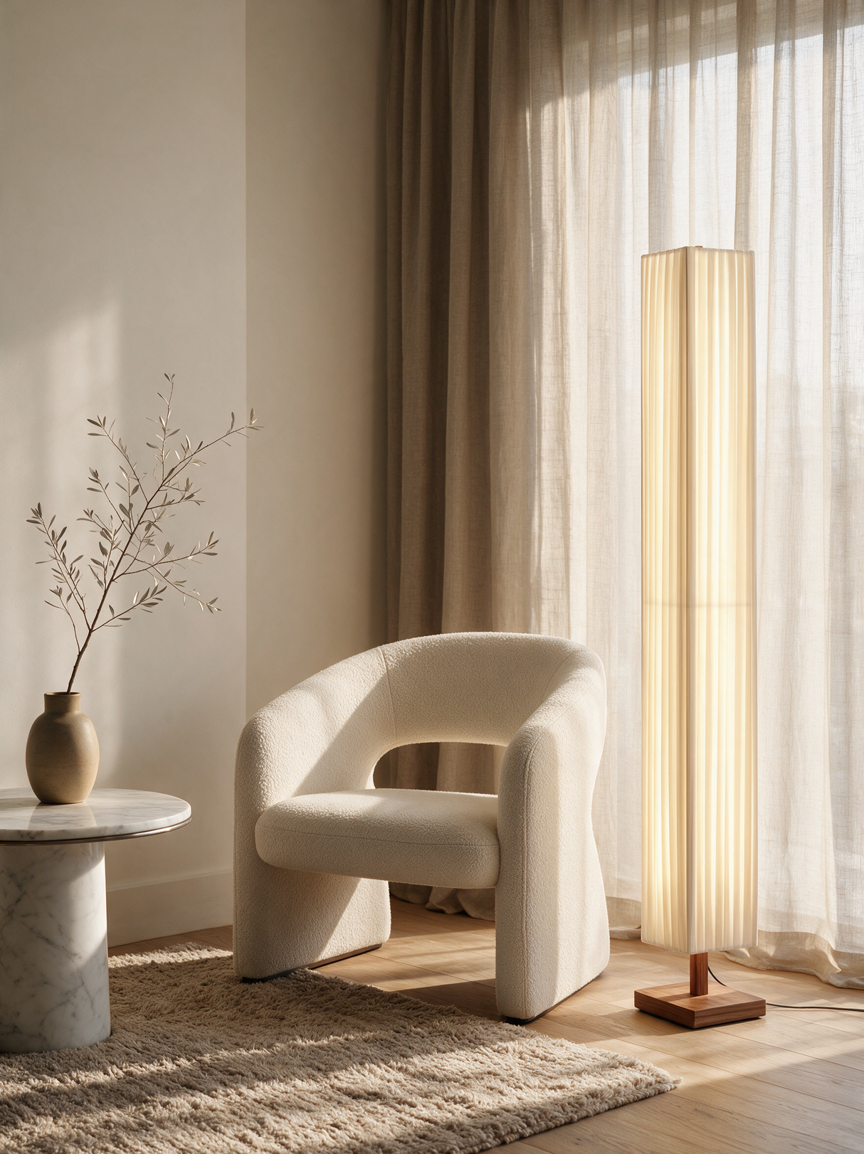 Hearth Walnut Wood Floor Lamp — accent chair lifestyle