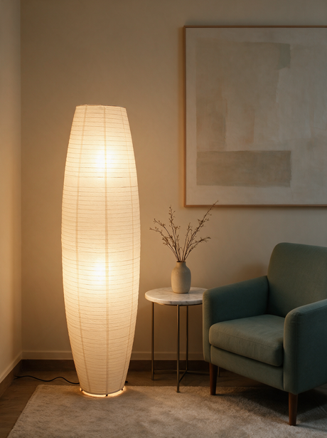 Sora Rice Paper Floor Lamp — side table lifestyle