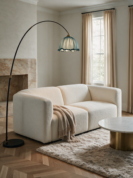 Arden Arc Floor Lamp — fireplace room lifestyle
