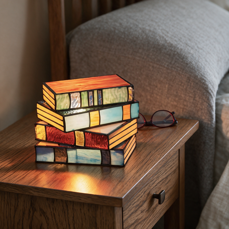 Novella Stained-Glass Table Lamp — nightstand lifestyle