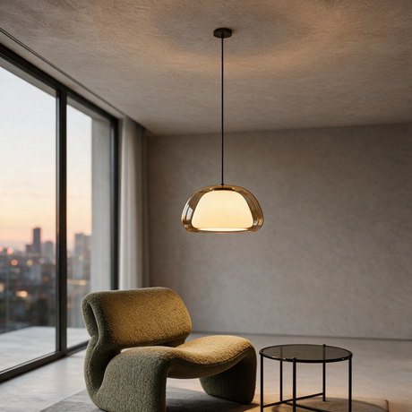 Amber Glass Pendant Light — living room dusk lifestyle