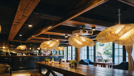 Wave Rattan Pendant Light — bar counter lifestyle
