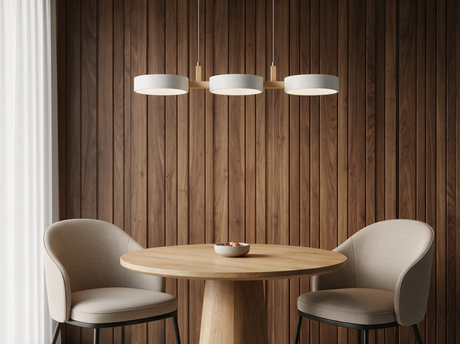 Beam Linear Pendant Light — wood-paneled dining nook lifestyle