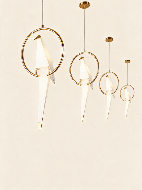 Origami Crane Accent Light - hero product shot (brass hoop pendant)