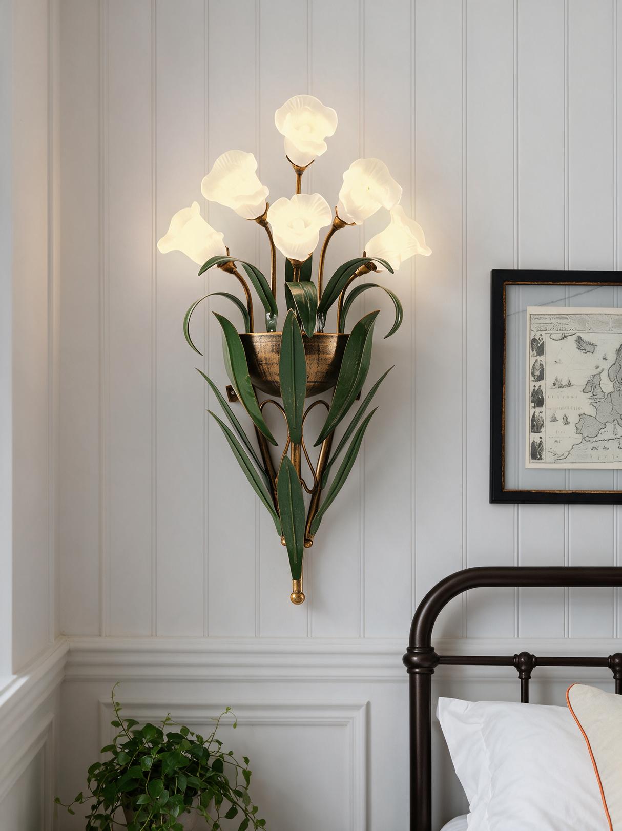 Glass Flower Wall Sconce - lifestyle image in bedroom (frosted white)
