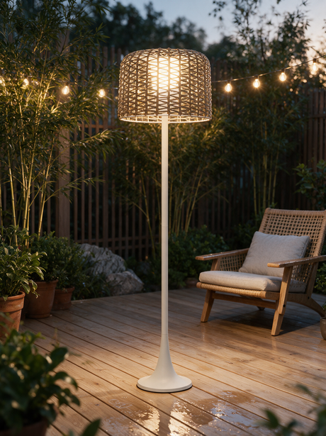 Willow Solar Floor Lamp - lifestyle image on garden patio