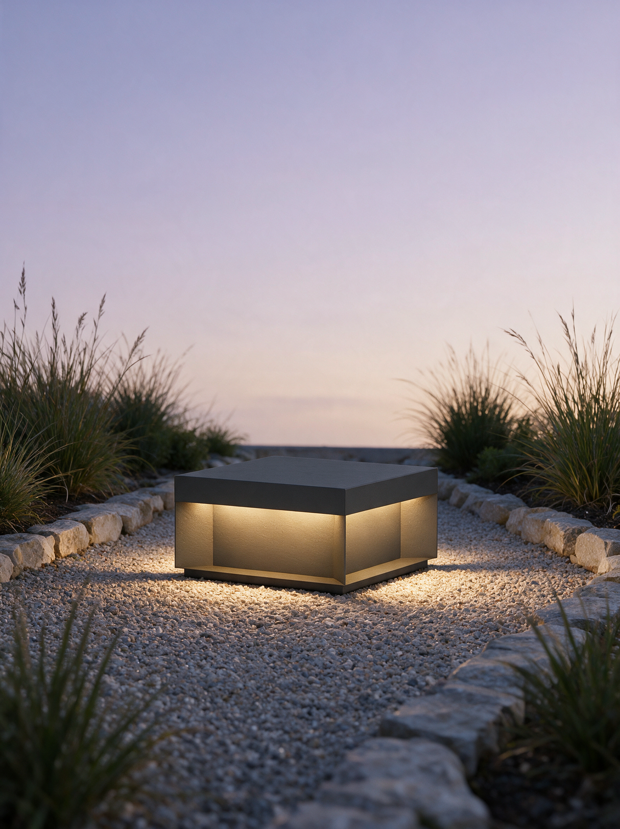 Cairn Outdoor Post Light - lifestyle image garden pathway