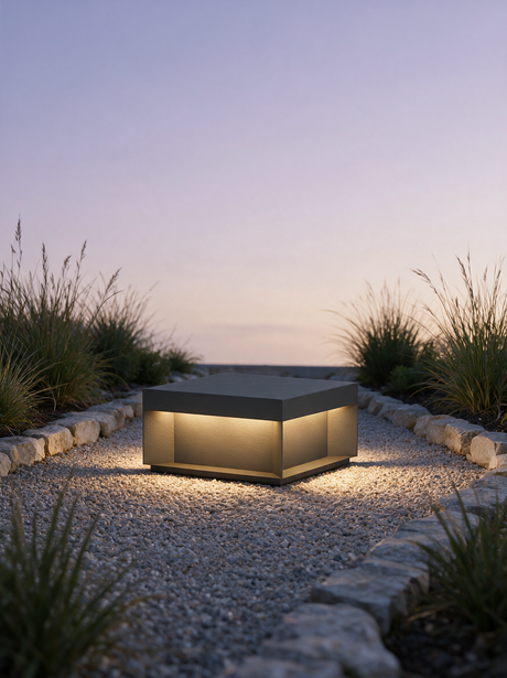 Cairn Outdoor Post Light - lifestyle image garden pathway