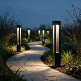Rowan Aluminum Bollard Light - lifestyle image garden pathway at dusk