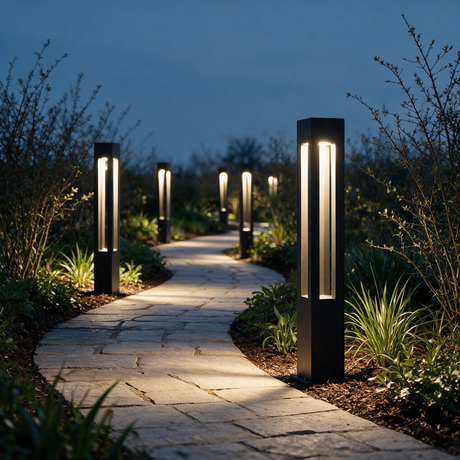 Rowan Aluminum Bollard Light - lifestyle image garden pathway at dusk