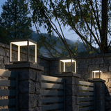 Frame Cube Pillar Light - lifestyle image stone gatepost at dusk
