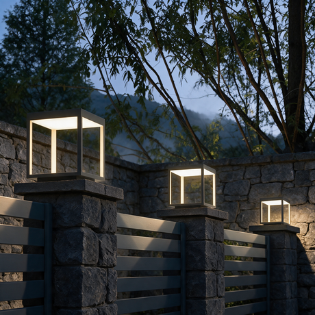 Frame Cube Pillar Light - lifestyle image stone gatepost at dusk