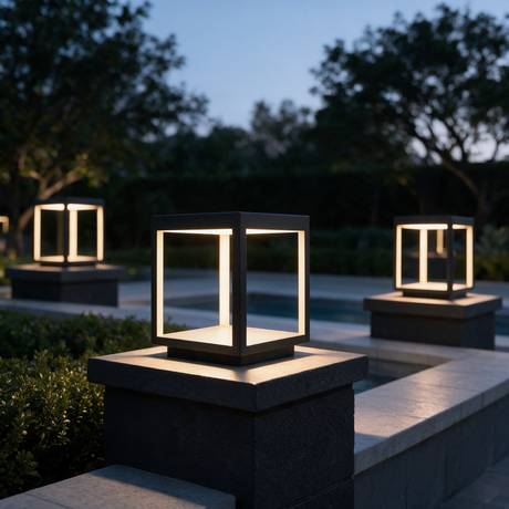 Frame Cube Pillar Light - lifestyle image pool deck wall pillar at dusk