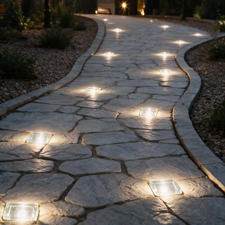 Glacier Solar Paver Light - lifestyle image garden pathway at dusk
