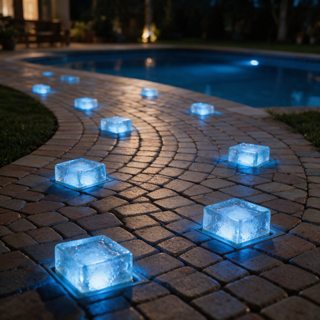 Glacier Solar Paver Light - lifestyle image poolside patio at night blue