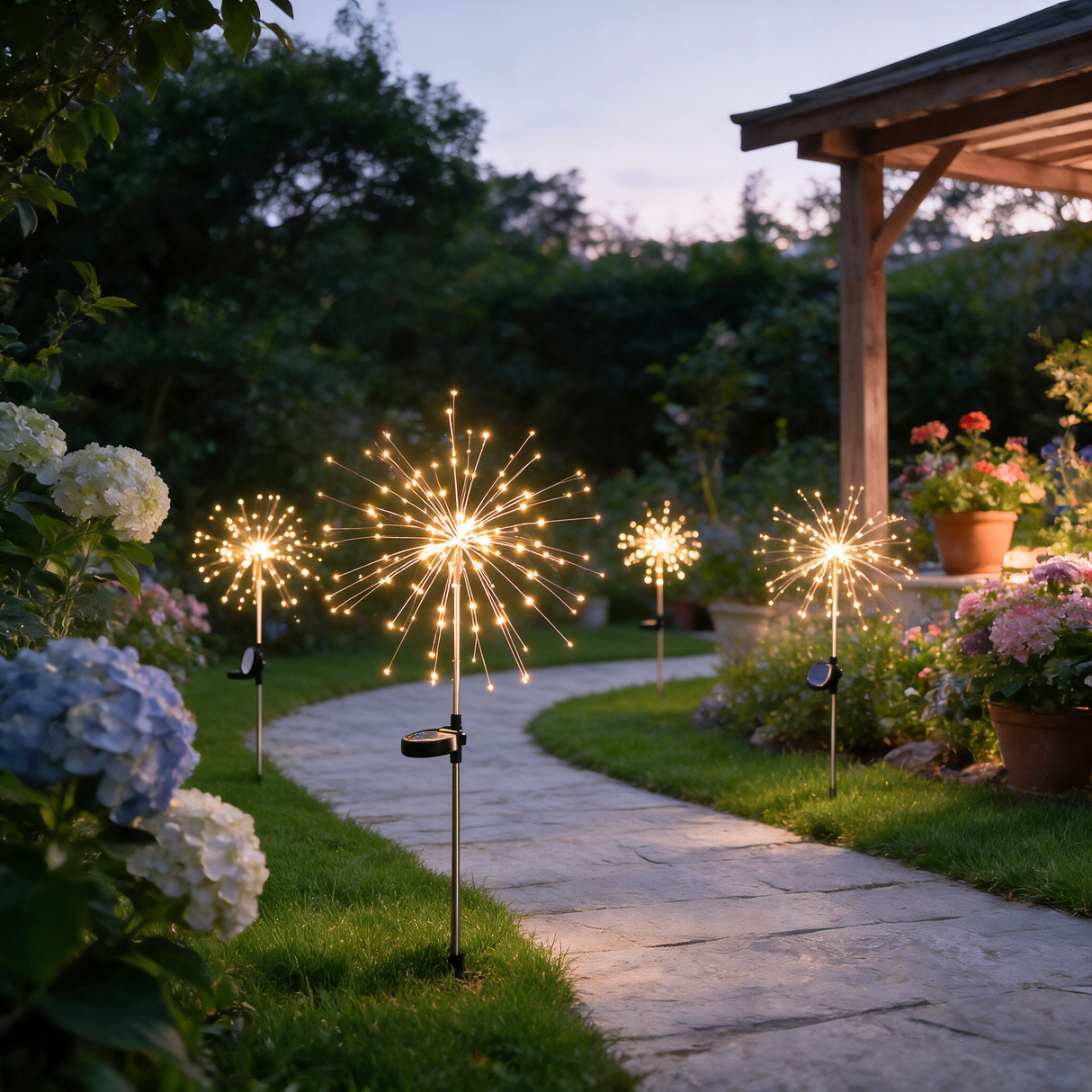 Sparkler Solar Garden Light - lifestyle image lawn at night