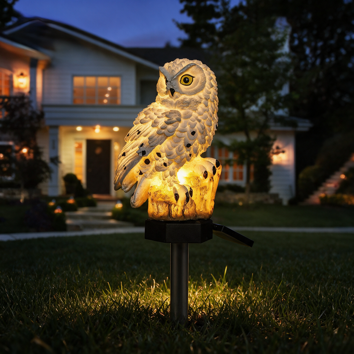Sentry Owl Solar Light - lifestyle image front yard at night