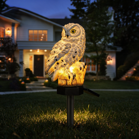 Sentry Owl Solar Light - lifestyle image front yard at night