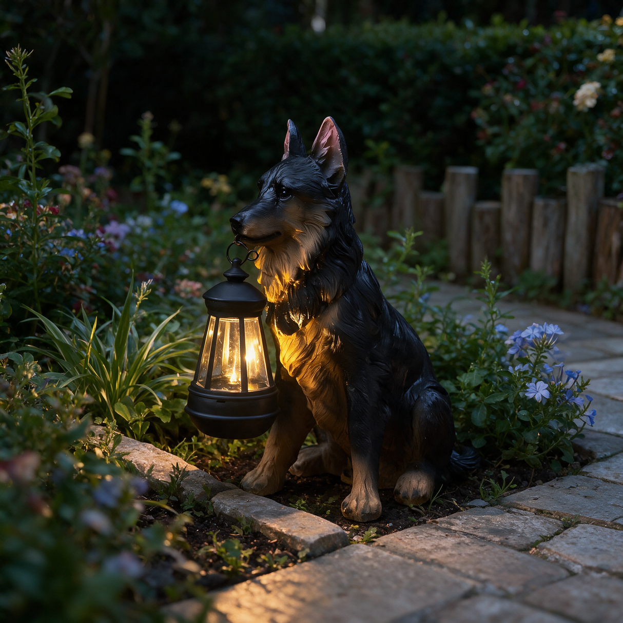 Guardian Dog Lantern Statue - lifestyle image garden pathway at night
