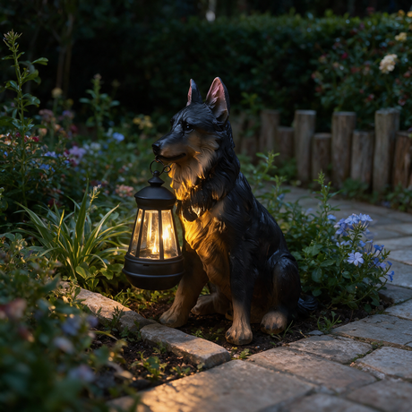 Guardian Dog Lantern Statue - lifestyle image garden pathway at night