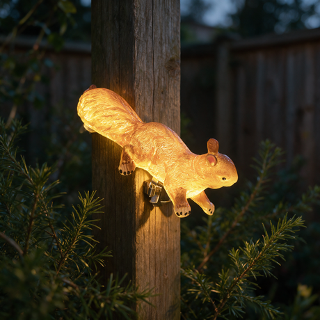 Woodland Squirrel Solar Light - lifestyle image mounted on garden post at night