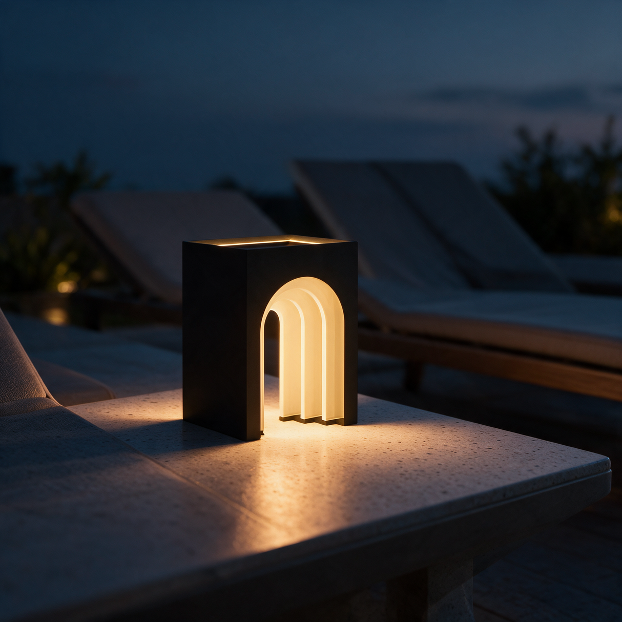 Arcadia Arch Accent Light - lifestyle image patio side table at dusk