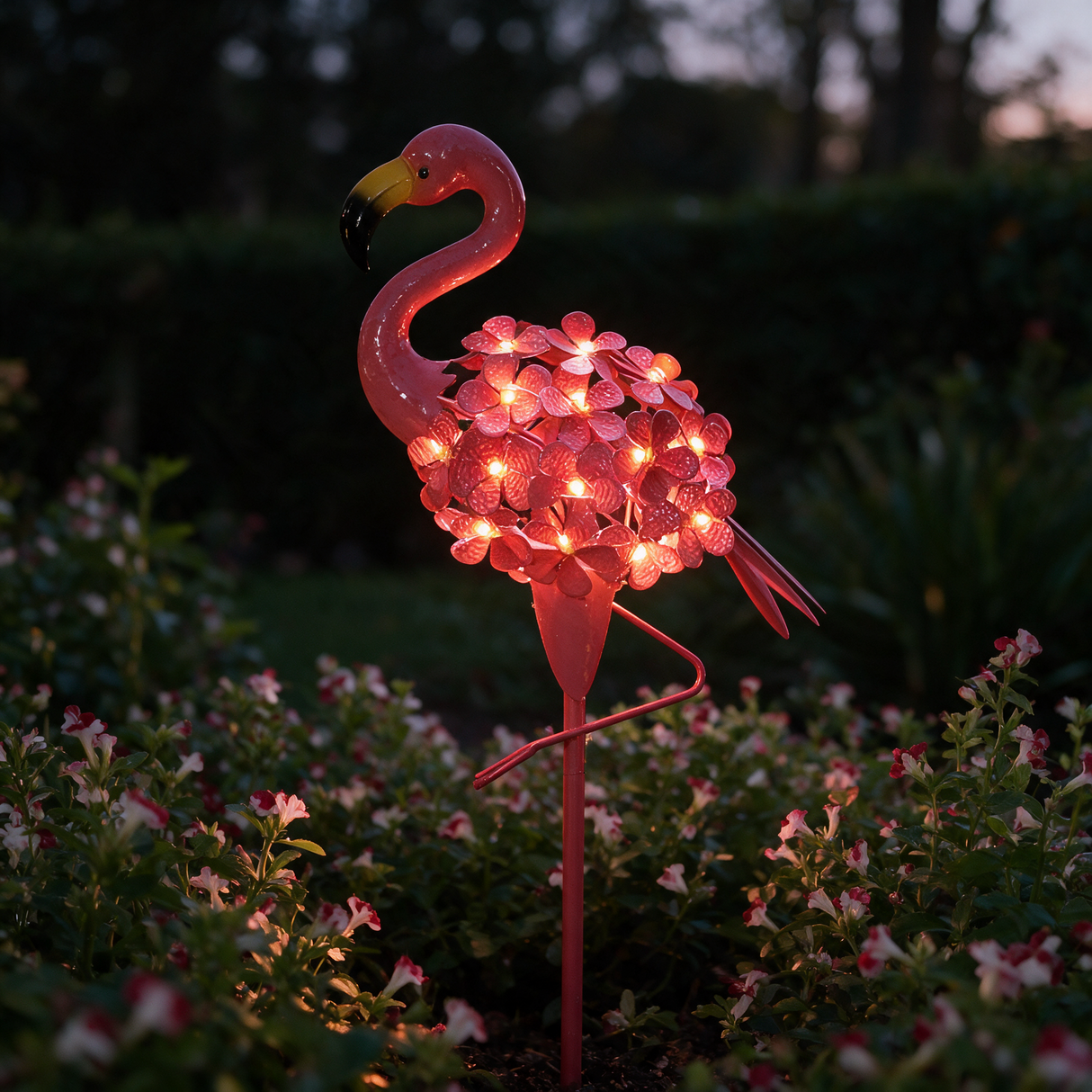 Blossom Flamingo Stake Light - lifestyle image flower bed at dusk