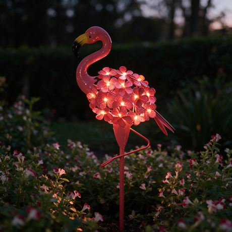 Blossom Flamingo Stake Light - lifestyle image flower bed at dusk