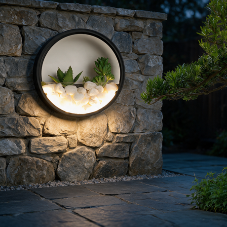 Oasis Ring Wall Planter Light - lifestyle image courtyard wall at night