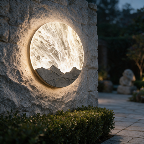 Horizon Wall Sconce - lifestyle image stone garden wall at night