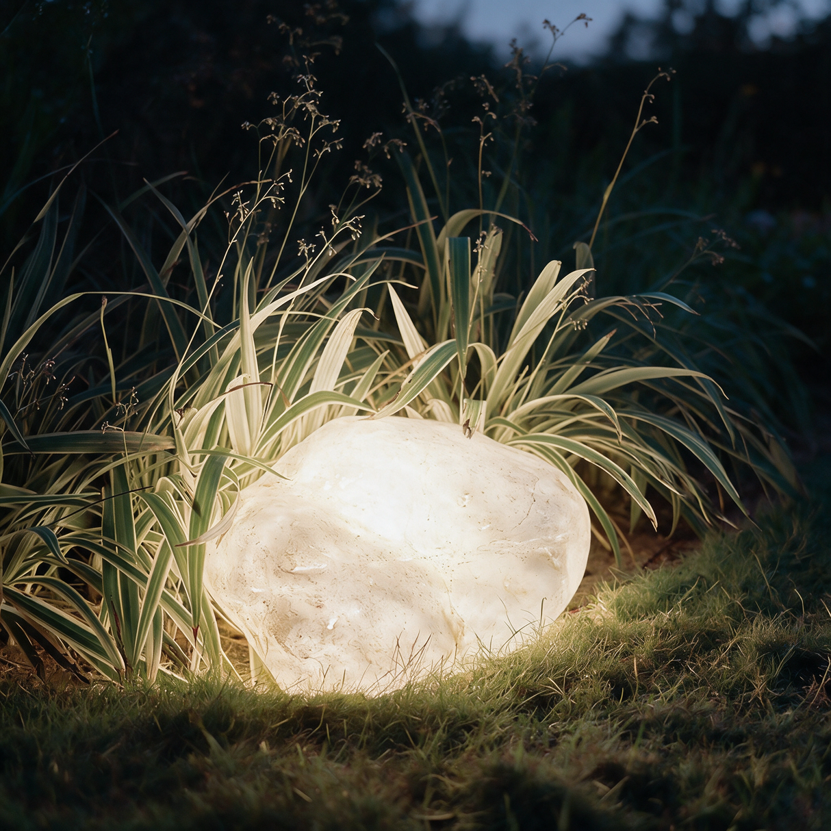 Boulder Glow Landscape Light - lifestyle image flower bed at dusk