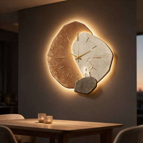 Eclipse Stone Wall Clock - lifestyle image above dining table at dusk