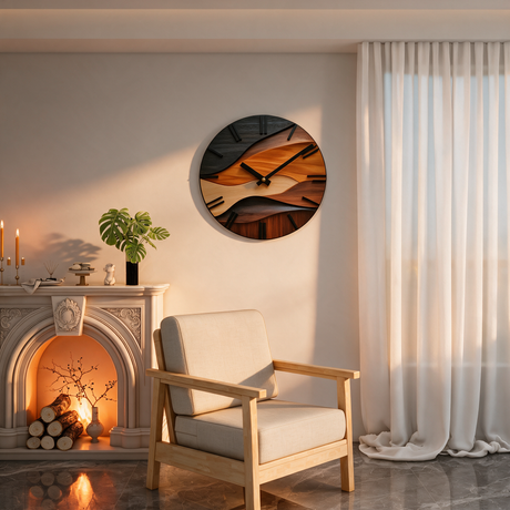 Horizon Marquetry Wall Clock - lifestyle image above fireplace mantel