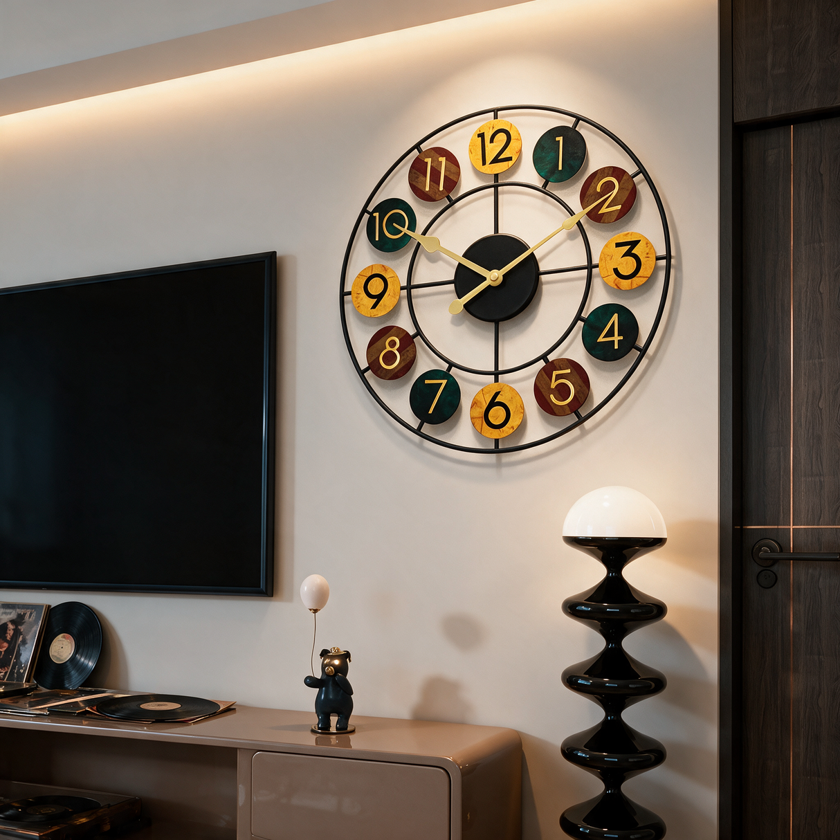 Spoke Wireframe Wall Clock - lifestyle image above media room console
