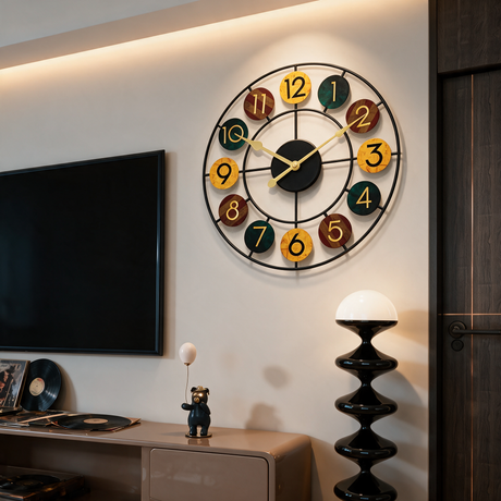 Spoke Wireframe Wall Clock - lifestyle image above media room console