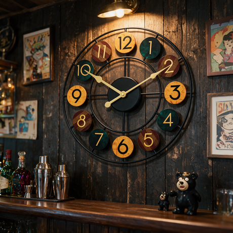 Spoke Wireframe Wall Clock - lifestyle image in home bar area
