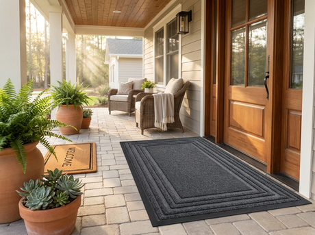 Layered Jute Border Area Rug on porch - Gray