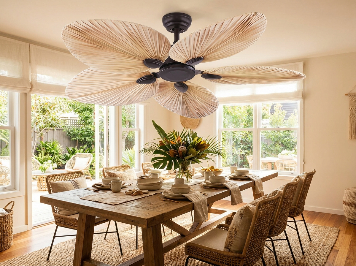 Palm leaf ceiling fan above dining area
